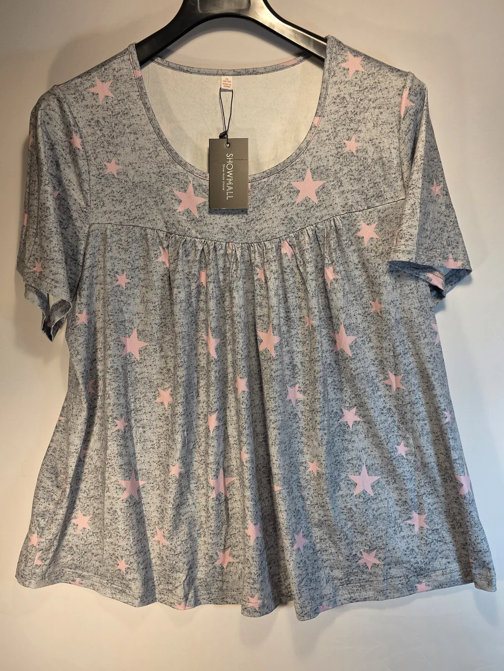 NEW Showmall Women Pajamas Babydoll Top With Shorts Size XL Gray Pink Stars Soft